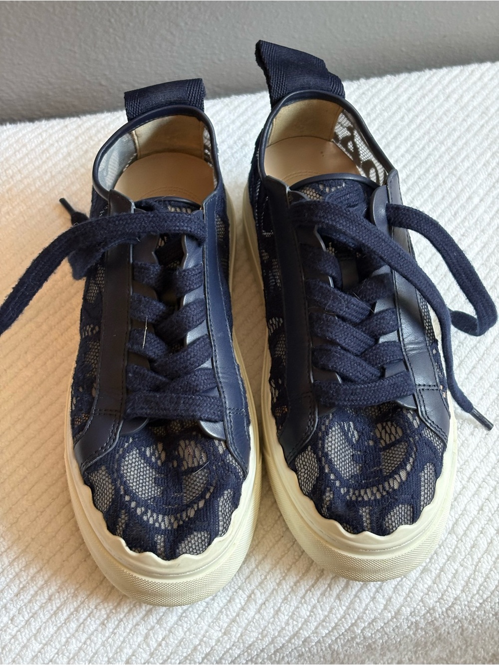 Chloe Navy Lace Low-Top Sneakers with Cream Sole Size 36